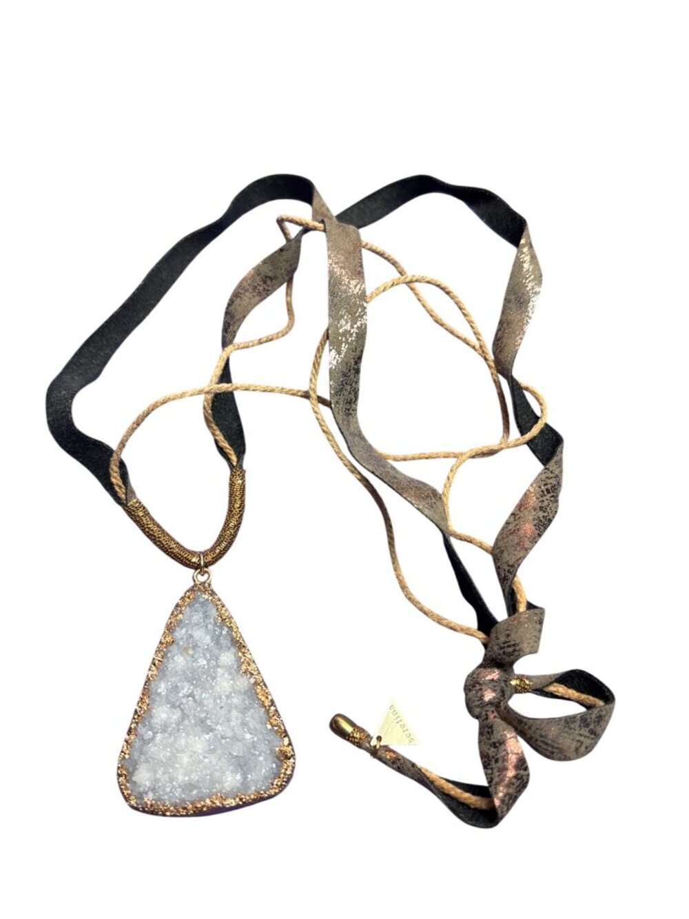 Anthropologie Serefina Clear Quartz Druzy Pendant Necklace Fabric Jute Cord Knot - Picture 1 of 4